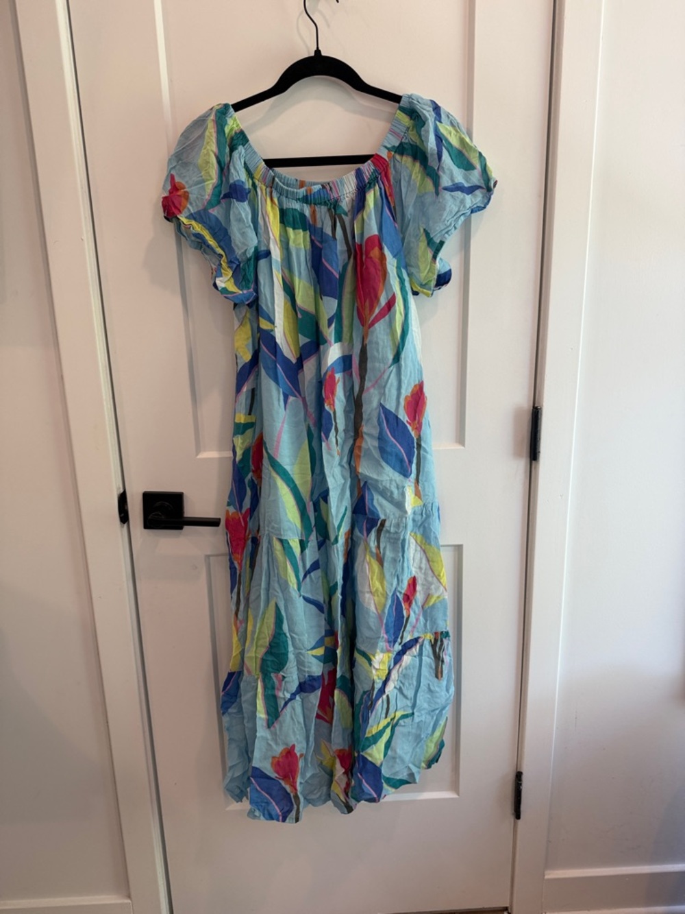 Oliphant Light Blue Floral Off-Shoulder Maxi Dress with Multicolor Blooms